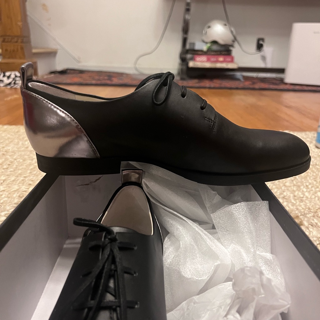 Jil Sander Black Lace Up Oxford With Silver Heel. Leather, Brand New In Box.